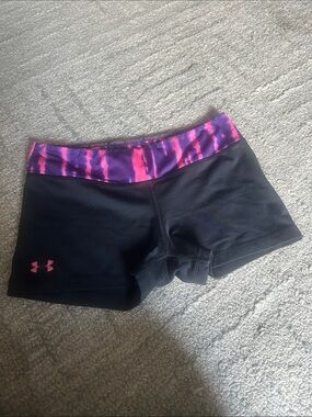 Under Armour Women's Black Bike Shorts with Pink and Purple Waistband